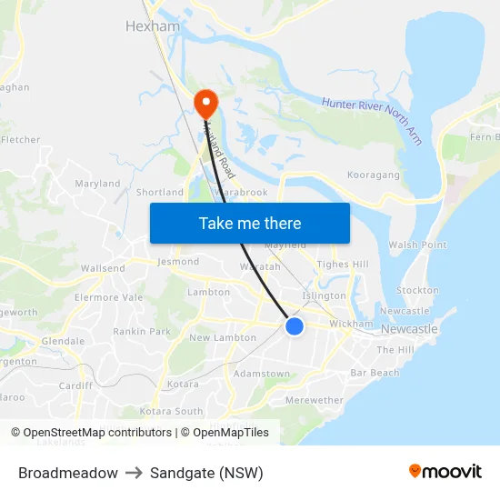 Broadmeadow to Sandgate (NSW) map