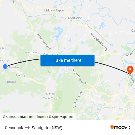 Cessnock to Sandgate (NSW) map