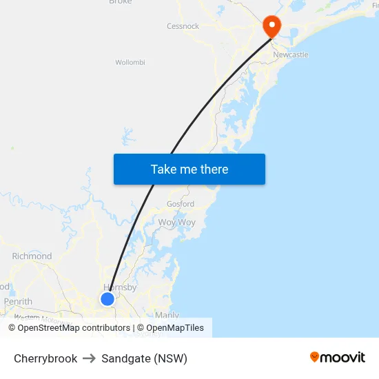 Cherrybrook to Sandgate (NSW) map