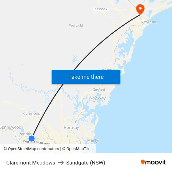 Claremont Meadows to Sandgate (NSW) map