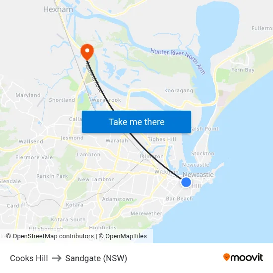 Cooks Hill to Sandgate (NSW) map