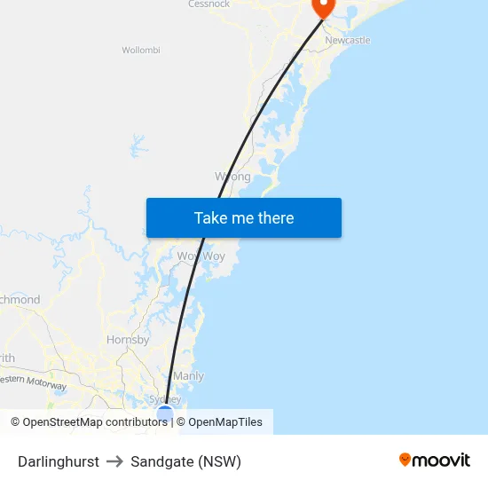 Darlinghurst to Sandgate (NSW) map