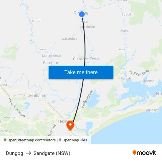 Dungog to Sandgate (NSW) map