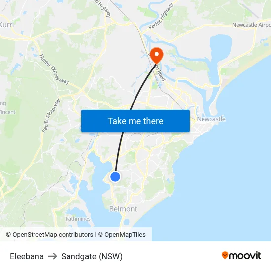 Eleebana to Sandgate (NSW) map