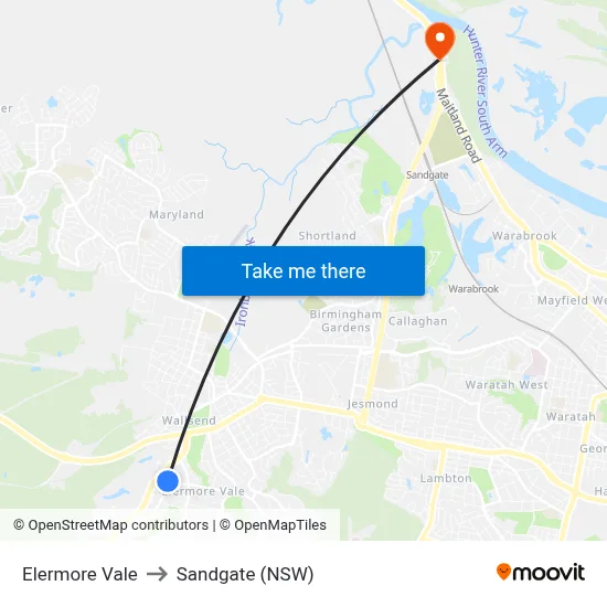 Elermore Vale to Sandgate (NSW) map