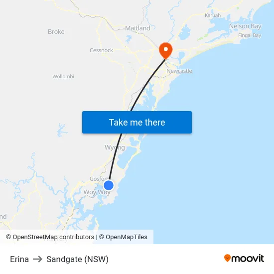 Erina to Sandgate (NSW) map