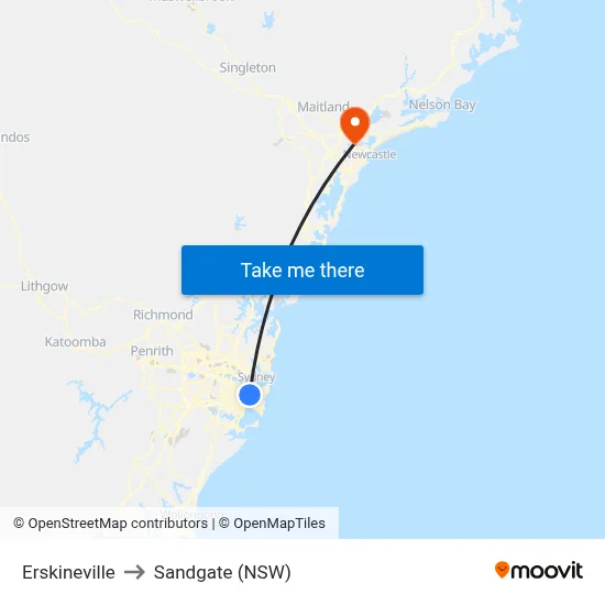 Erskineville to Sandgate (NSW) map