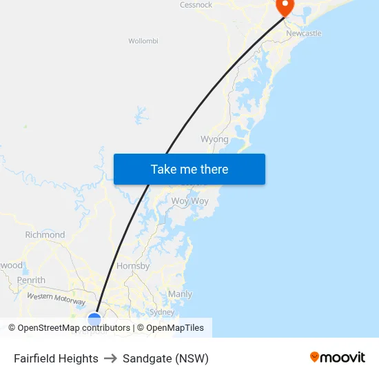 Fairfield Heights to Sandgate (NSW) map