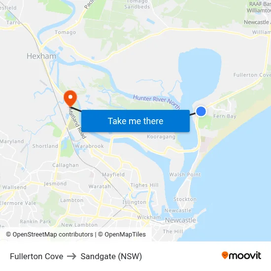 Fullerton Cove to Sandgate (NSW) map