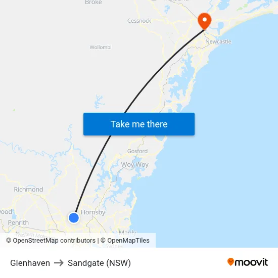 Glenhaven to Sandgate (NSW) map