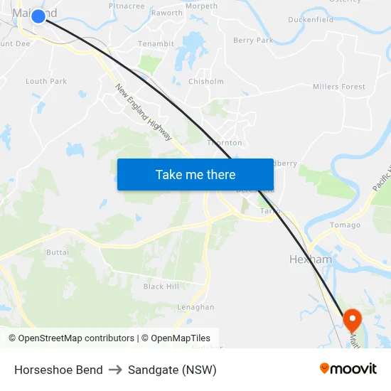Horseshoe Bend to Sandgate (NSW) map