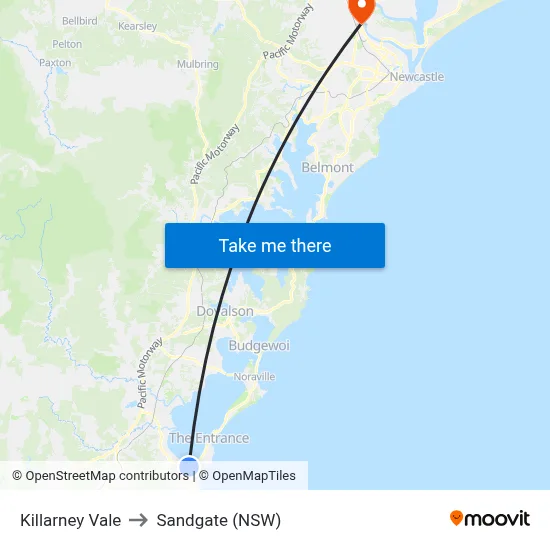 Killarney Vale to Sandgate (NSW) map