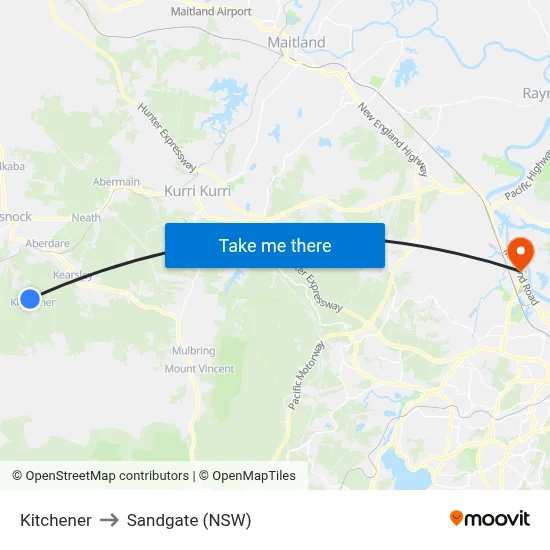 Kitchener to Sandgate (NSW) map