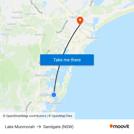 Lake Munmorah to Sandgate (NSW) map