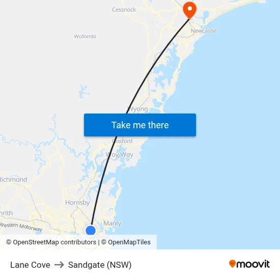 Lane Cove to Sandgate (NSW) map