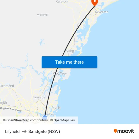 Lilyfield to Sandgate (NSW) map