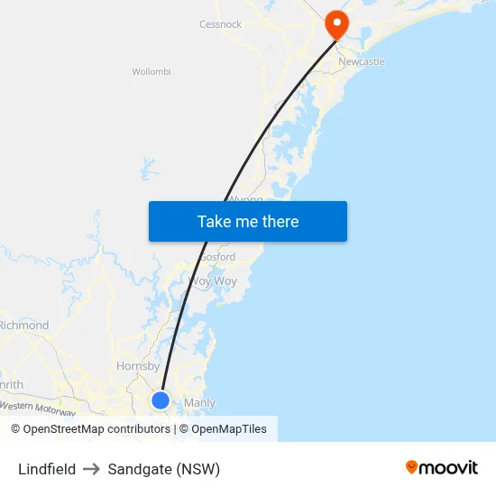 Lindfield to Sandgate (NSW) map