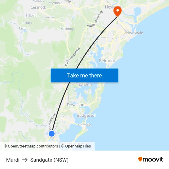 Mardi to Sandgate (NSW) map
