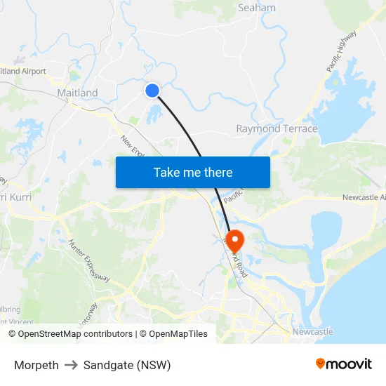 Morpeth to Sandgate (NSW) map