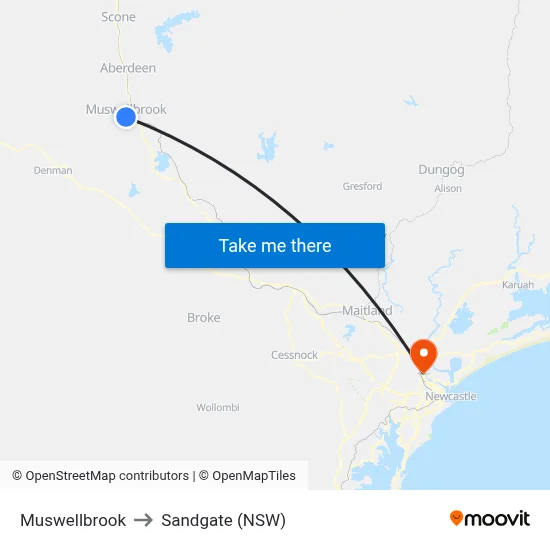 Muswellbrook to Sandgate (NSW) map