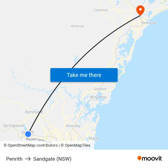 Penrith to Sandgate (NSW) map