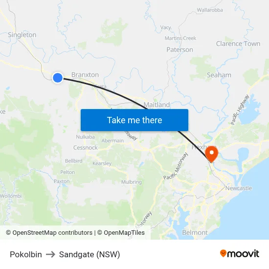 Pokolbin to Sandgate (NSW) map