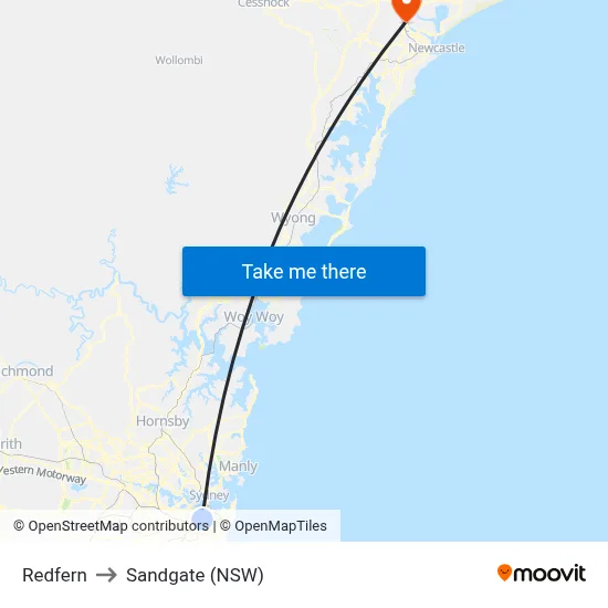 Redfern to Sandgate (NSW) map