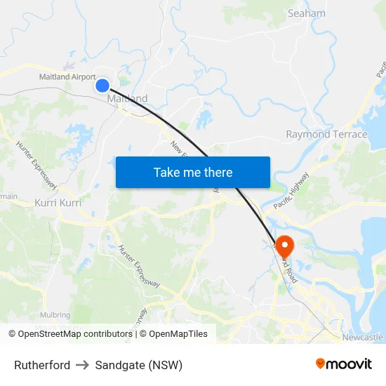 Rutherford to Sandgate (NSW) map