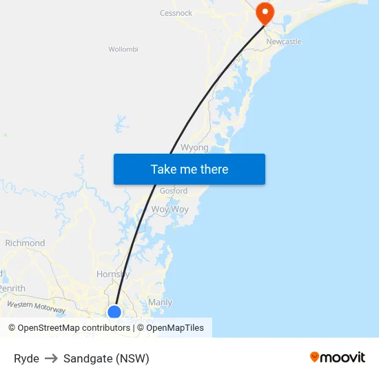 Ryde to Sandgate (NSW) map