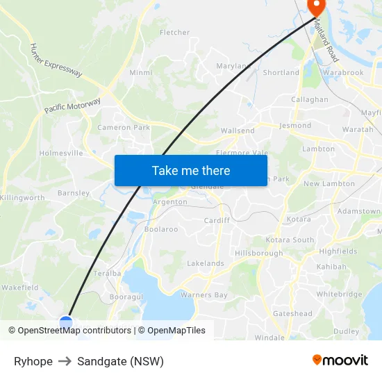 Ryhope to Sandgate (NSW) map