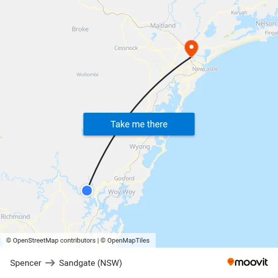 Spencer to Sandgate (NSW) map
