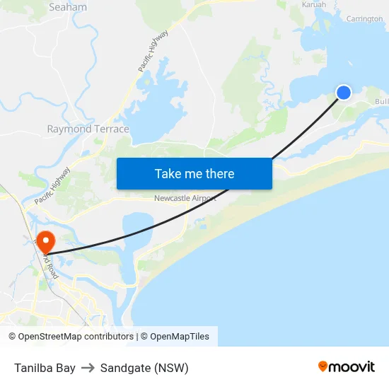 Tanilba Bay to Sandgate (NSW) map