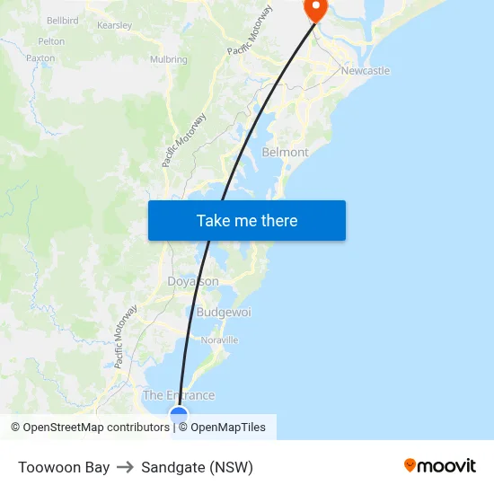 Toowoon Bay to Sandgate (NSW) map