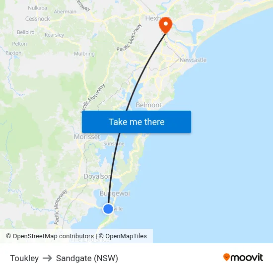 Toukley to Sandgate (NSW) map