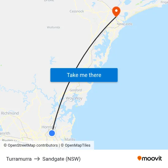 Turramurra to Sandgate (NSW) map