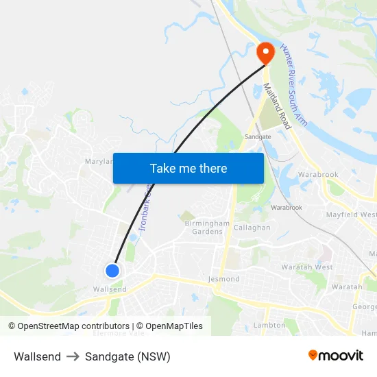 Wallsend to Sandgate (NSW) map