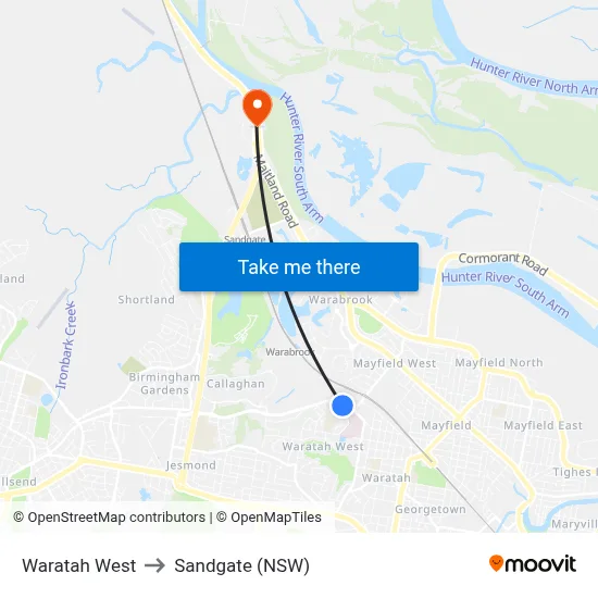 Waratah West to Sandgate (NSW) map