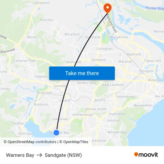 Warners Bay to Sandgate (NSW) map