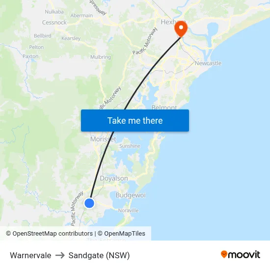 Warnervale to Sandgate (NSW) map