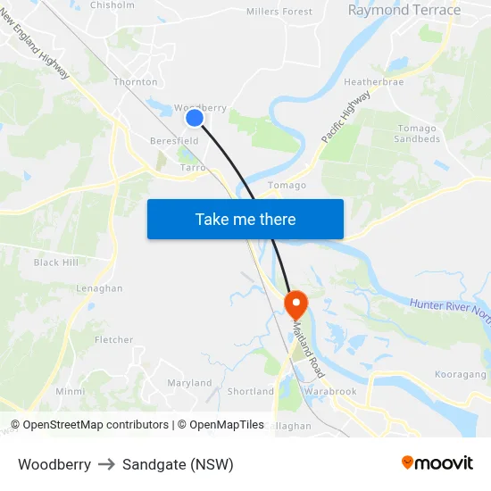 Woodberry to Sandgate (NSW) map