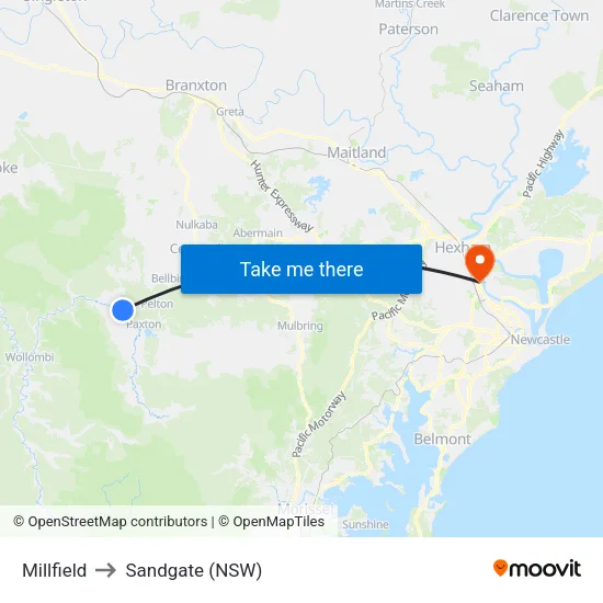 Millfield to Sandgate (NSW) map