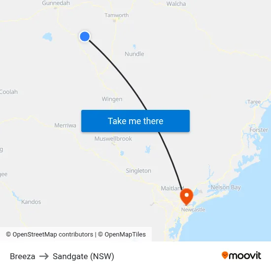 Breeza to Sandgate (NSW) map