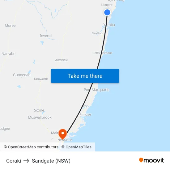 Coraki to Sandgate (NSW) map