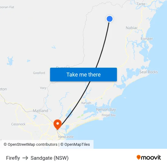 Firefly to Sandgate (NSW) map
