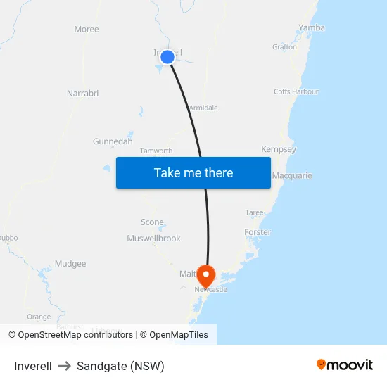 Inverell to Sandgate (NSW) map