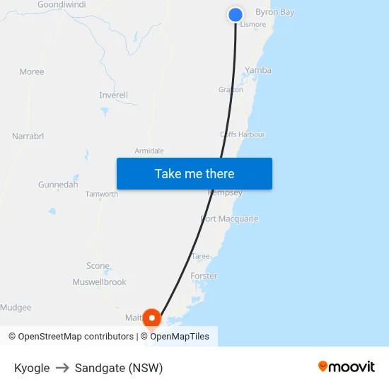 Kyogle to Sandgate (NSW) map