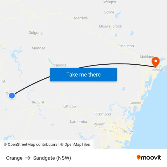 Orange to Sandgate (NSW) map