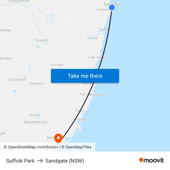 Suffolk Park to Sandgate (NSW) map
