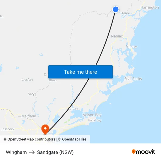 Wingham to Sandgate (NSW) map
