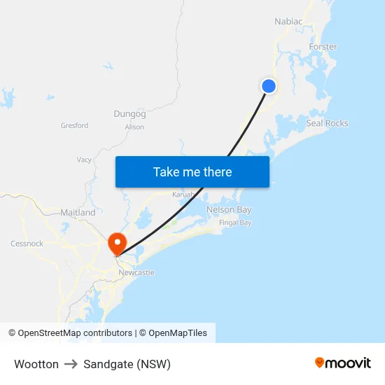 Wootton to Sandgate (NSW) map